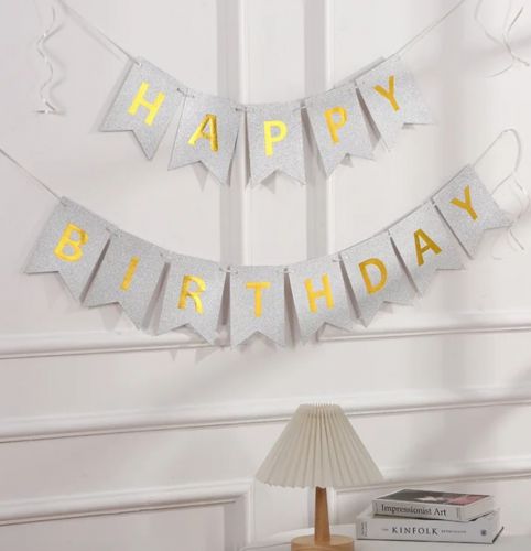 Banner happy birthday brokatowy srebrny