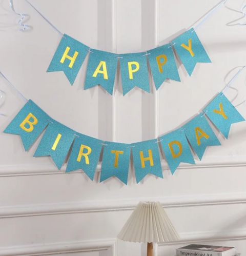 Banner happy birthday brokatowy niebieski